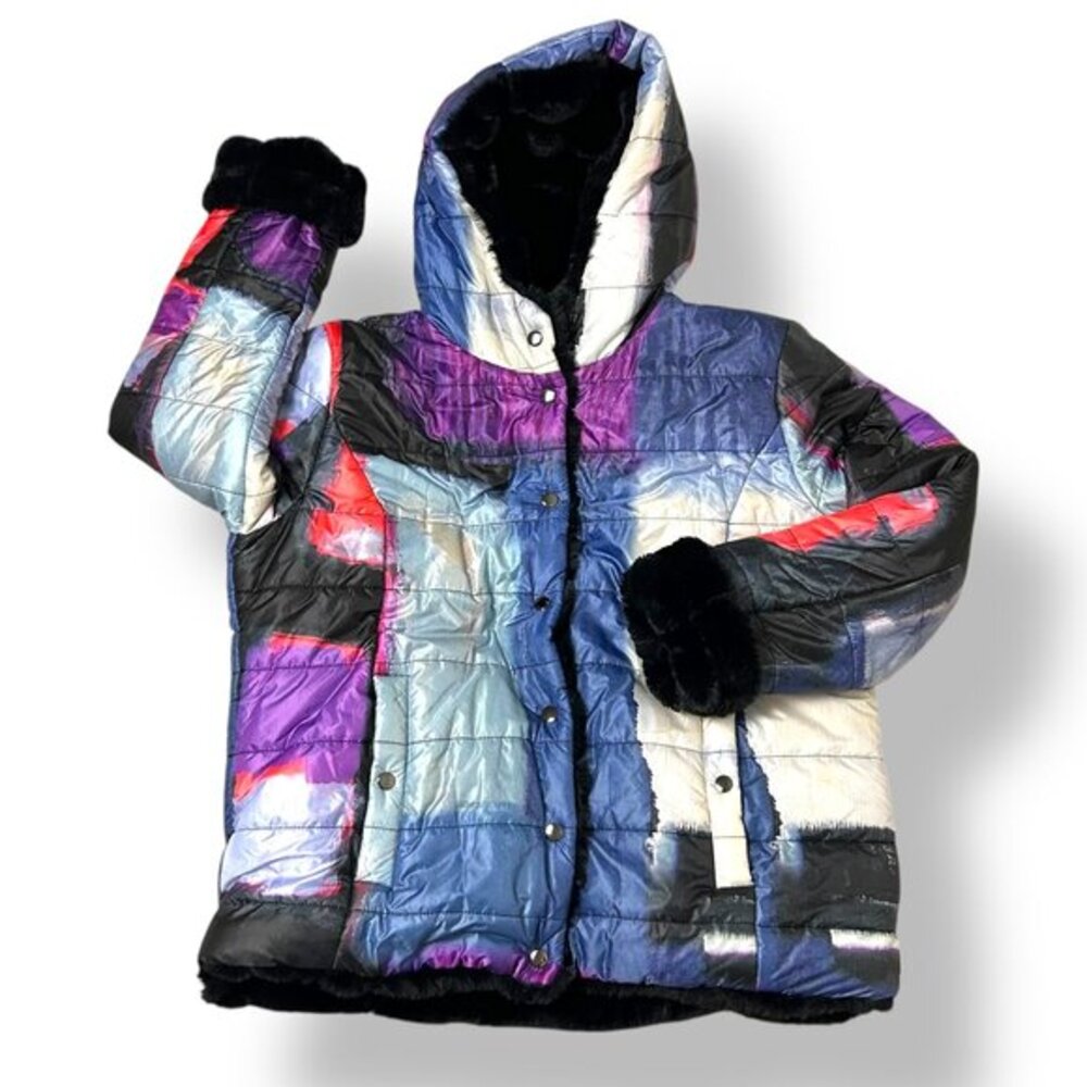 Claire Desjardins Artsy Multi Color Abstract Reversible Puffer Jacket Coat Sz XL